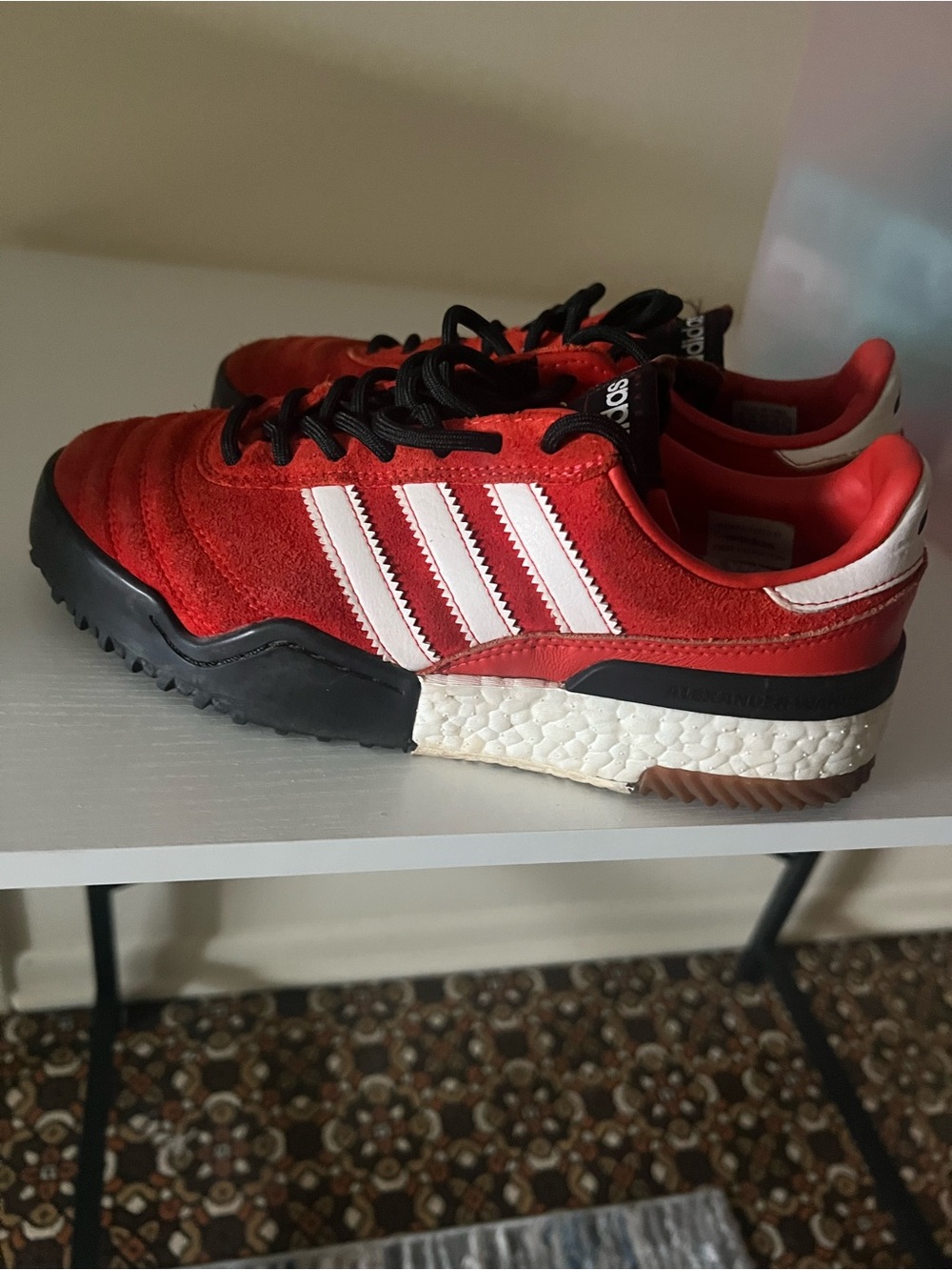 Rare Adidas Originals Red Suede Sneakers with White Stripes women 7/men 5